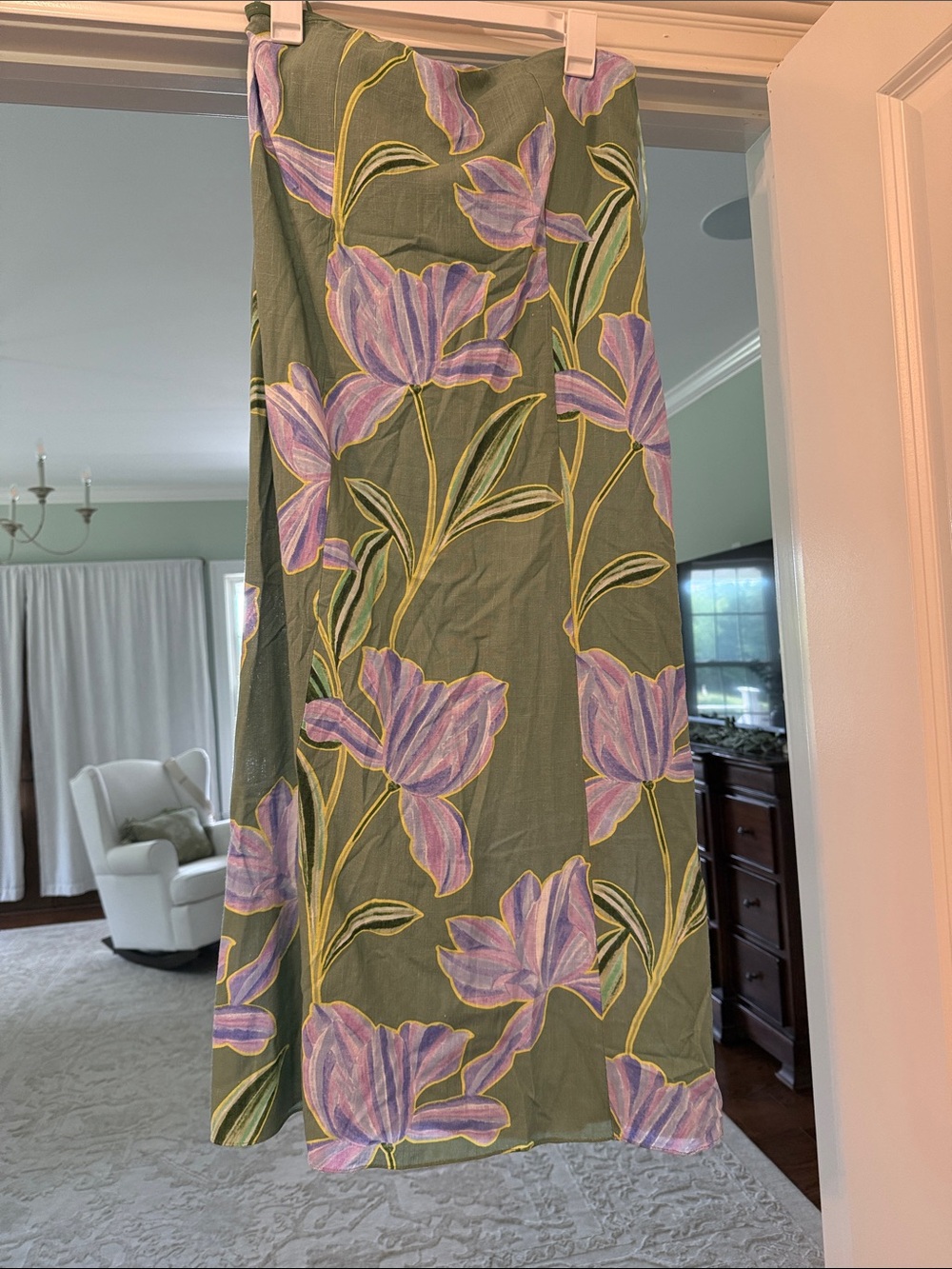 Strapless Floral Maxi Dress in Olive with Lavender Blooms